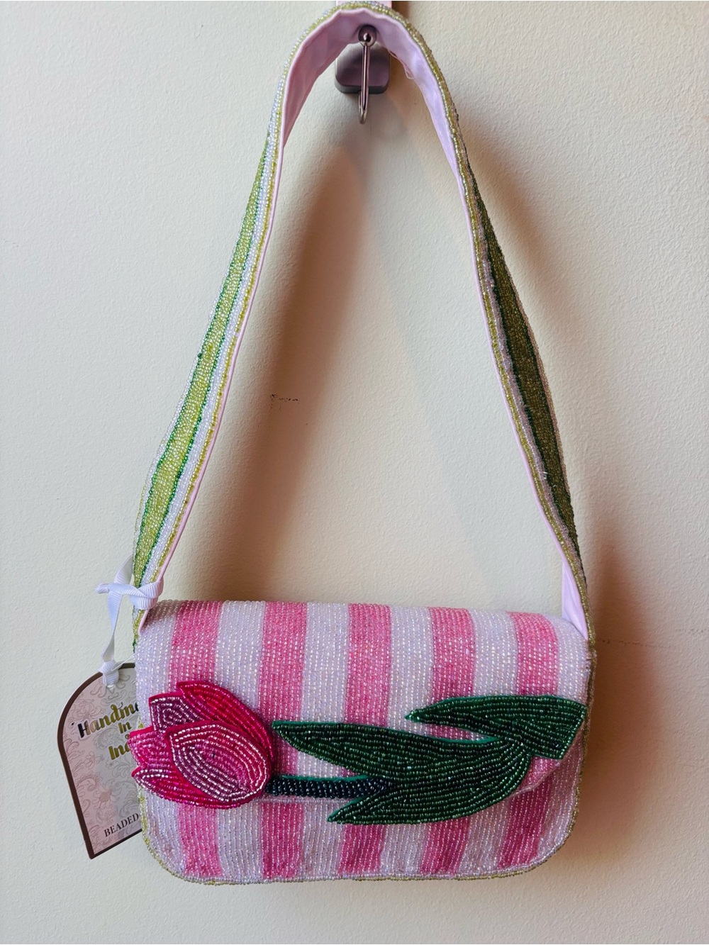 Viral Famous Tulip Handmade Pink Stripe Beaded Shoulder Bag - Picture 3 of 8